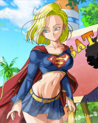 Rule 34 | 1girl, android 18, artist request, blonde hair, blue eyes, blue sky, blurry, blurry background, breasts, cape, cosplay, crossover, dc comics, dragon ball, dragonball z, highres, large breasts, navel, palm tree, skirt, sky, supergirl, superman (series), tree