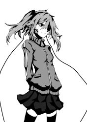 Rule 34 | 1girl, absurdres, arms behind back, bad id, bad pixiv id, black skirt, cable, ene (kagerou project), greyscale, hair over one eye, headphone cords, headphones, highres, jacket, kagerou project, matsukei, monochrome, skirt, smile, solo, striped, striped sleeves, thighhighs, track jacket, twintails, white background, zettai ryouiki, zipper