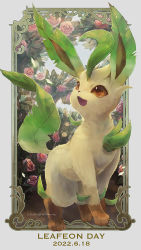 Rule 34 | :d, border, brown eyes, character name, commentary request, creatures (company), dated, flower, full body, game freak, gen 4 pokemon, happy, leafeon, looking up, momomo12, nintendo, no humans, open mouth, pokemon, pokemon (creature), smile, solo, tongue