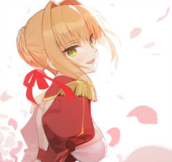 Rule 34 | 1girl, backless outfit, blonde hair, breasts, fate/grand order, fate (series), green eyes, hair between eyes, hair bun, hair intakes, looking at viewer, medium breasts, nero claudius (fate), nero claudius (fate) (all), nero claudius (fate/extra), open mouth, siino, simple background, single hair bun, solo, teeth, tongue, upper body, white background