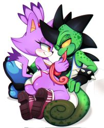 Rule 34 | 1boy, 1girl, animal ears, animal nose, ass, blaze the cat, breasts, cat ears, cat girl, cat tail, colored skin, commission, fingerless gloves, forehead jewel, furry, furry female, furry male, gloves, hetero, highres, ichig8miruku, lizard tail, purple fur, purple hair, reptile boy, simple background, smile, sonic (series), spiked gloves, spikes, tail, thick thighs, thighs, topknot, yellow eyes