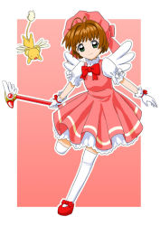 Rule 34 | 1990s (style), 1girl, bonnet, cardcaptor sakura, child, dress, fuuin no tsue, gahiro, gloves, hat, holding, holding wand, kero (cardcaptor sakura), kinomoto sakura, magical girl, mary janes, petticoat, pink background, pink dress, pink hat, pink theme, red footwear, retro artstyle, shoes, solo, sunviola, thighhighs, wand, white gloves, white thighhighs, zettai ryouiki