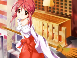 Rule 34 | 1girl, breasts, broom, brown eyes, closed mouth, day, dot nose, female focus, game cg, gogatsu no sora (visual novel), holding, holding broom, japanese clothes, kamiake minori, looking at viewer, miko, outdoors, red hair, short hair, shrine, small breasts, solo, standing