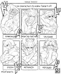 Rule 34 | 6+boys, abs, absurdres, arms up, asterios (fate), astolfo (fate), black nails, black sclera, blue hair, caligula (fate), character name, chevalier d&#039;eon (fate), closed mouth, colored sclera, completely nude, cow horns, dark blue hair, earrings, elbow gloves, english text, fate/grand order, fate (series), gloves, greyscale, highres, horns, jamrolypoly, jewelry, jojo no kimyou na bouken, jojo pose, long hair, looking at viewer, male focus, menacing (jojo), monochrome, multiple boys, multiple drawing challenge, muscular, nail polish, navel, nipples, nude, romulus quirinus (fate), simple background, six fanarts challenge, smile, sound effects, spartacus (fate), upper body, very long hair, white background