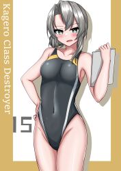 Rule 34 | 1girl, absurdres, asymmetrical hair, breasts, clipboard, competition swimsuit, covered navel, flipped hair, grey eyes, grey hair, grey one-piece swimsuit, hair over shoulder, hand on own hip, highleg, highleg swimsuit, highres, kantai collection, long hair, looking at viewer, medium breasts, nowaki (kancolle), one-piece swimsuit, solo, swept bangs, swimsuit, tokiwa senkei