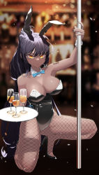 Rule 34 | absurdres, animal ears, black hair, black leotard, blue archive, blue bow, blue bowtie, blurry, blurry background, bow, bowtie, breasts, dark-skinned female, dark skin, detached collar, fake animal ears, fishnet pantyhose, fishnets, gradient hair, highres, holding, holding tray, karin (blue archive), karin (bunny) (blue archive), large breasts, leotard, multicolored hair, number tattoo, pantyhose, playboy bunny, pole, purple hair, rabbit ears, strapless, strapless leotard, stripper pole, tattoo, traditional bowtie, tray, yellow eyes, yzr (yzr99)