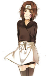 Rule 34 | 1girl, apron, brown eyes, brown hair, facial mark, forehead protector, inlila, naruto, naruto (series), nohara rin, simple background, solo, white background