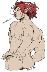 Rule 34 | 10s, 1boy, 2016, all out!!, ass, back, character name, dark skin, dark-skinned male, dated, hand on own hip, highres, looking back, male focus, multicolored hair, muscular, nude, red eyes, red hair, sekizan takuya, simple background, solo, streaked hair, thick eyebrows, torawar, white background