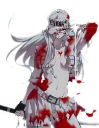 Rule 34 | 1girl, absurdres, blood, blood on breasts, blood on face, blood on clothes, breasts, colored skin, fingerless gloves, flat cap, gloves, hair over one eye, hat, hataraku saibou, hataraku saibou black, highres, holding, holding sword, holding weapon, large breasts, navel, open clothes, pants, pleated skirt, simple background, skirt, solo, sword, torn clothes, u-1196, weapon, white background, white blood cell (hataraku saibou), white hair, white skin, yasu (pixiv)