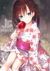 Rule 34 | 1girl, animal print, artist name, blue eyes, blush, brown hair, candy apple, capriccio, cat hair ornament, closed mouth, floral print, food, hair between eyes, hair ornament, hand up, holding, holding food, japanese clothes, kimono, legs together, long hair, looking at viewer, original, outdoors, rabbit print, sash, sitting, smile, solo, thighs, tsurime, white kimono