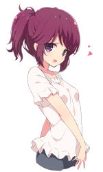 Rule 34 | 1girl, blush, breasts, collarbone, heart, highres, looking at viewer, machikado mazoku, mel (melty pot), open mouth, ponytail, purple eyes, purple hair, shirt, short sleeves, simple background, small breasts, smile, solo, white background, white shirt, yoshida ryouko