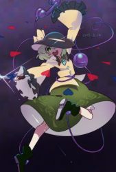 Rule 34 | 1girl, arm up, boots, chabi (amedama), covering one eye, dated, eyeball, floral print, full body, gradient background, green eyes, green hair, hat, hat ribbon, heart, heart of string, jpeg artifacts, knife, komeiji koishi, long sleeves, looking at viewer, matching hair/eyes, open mouth, phone, ribbon, shirt, short hair, skirt, smile, solo, string, third eye, touhou, wide sleeves