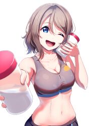 Rule 34 | 1girl, absurdres, amagi (volfuji), breasts, brown hair, cleavage, highres, looking at viewer, love live!, love live! sunshine!!, medium breasts, medium hair, one eye closed, open mouth, simple background, smile, solo, watanabe you