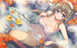 Rule 34 | 1girl, artist name, autumn leaves, blue eyes, blush, breasts, cleavage, covered erect nipples, game-style, grey hair, highres, large breasts, leaf, long hair, looking at viewer, maple leaf, naked towel, onsen, original, rubber duck, see-through, smile, solo, tomose shunsaku, towel, towel on head, wallpaper, watermark, white towel