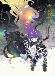 Rule 34 | 1girl, air bubble, blonde hair, bubble, closed eyes, closed mouth, commentary request, cross-laced clothes, dress, highres, hijiri byakuren, holding, holding scroll, itomugi-kun, layered dress, long hair, multicolored hair, purple hair, rainbow, scroll, smile, solo, sorcerer&#039;s sutra scroll, submerged, touhou, two-tone hair, underwater, white dress