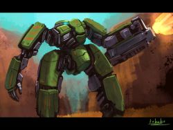Rule 34 | blue eyes, bottoms1237, canyon, firing, gun, highres, holding, holding gun, holding weapon, letterboxed, looking up, mecha, one-eyed, open hand, original, robot, science fiction, solo, weapon