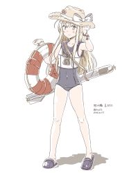 Rule 34 | 1girl, absurdres, any (lucky denver mint), blonde hair, blue eyes, blush, bracelet, closed mouth, collarbone, commentary request, covered navel, crop top, flower, full body, hair between eyes, hair flower, hair ornament, hand on headwear, hat, highres, jewelry, kantai collection, lifebuoy, long hair, looking at viewer, navel, one-piece swimsuit, one-piece tan, ribbon, ro-500 (kancolle), sailor collar, school swimsuit, school uniform, serafuku, simple background, smile, solo, standing, straw hat, swim ring, swimsuit, swimsuit under clothes, tan, tanline, torpedo, very long hair, white background