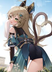 Rule 34 | 1girl, ahoge, animal ears, bare shoulders, blonde hair, cat ears, cat girl, cat tail, genshin impact, green eyes, hair ornament, highres, kirara (genshin impact), long hair, multiple tails, open mouth, shrimp cake, smile, solo, tail, two tails