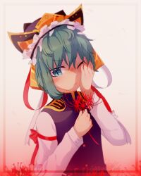 Rule 34 | 1girl, aqua eyes, closed mouth, commentary, epaulettes, flower, frilled hat, frills, gradient background, green hair, hand on own face, hat, holding, holding flower, long sleeves, looking at viewer, red flower, shiki eiki, short hair, solo, spider lily, touhou, upper body, zuomerika