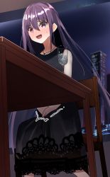 Rule 34 | 1girl, absurdres, alternate costume, artist name, bare shoulders, between legs, black dress, blush, chair, cup, dress, drink, drinking glass, earrings, embarrassed, female focus, grisaia (series), grisaia no kajitsu, hair between eyes, hand between legs, have to pee, highres, ice, ice cube, indoors, jewelry, lace, lace-trimmed dress, lace trim, long hair, michinoku (michino934), necklace, nervous smile, night, nose blush, on chair, open mouth, own hands together, pink eyes, purple hair, raised eyebrow, sakaki yumiko, sidelocks, signature, sitting, sleeveless, sleeveless dress, smile, solo, sweat, table, twitter username, very long hair, wide-eyed, window