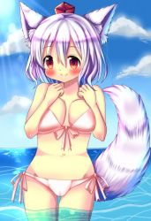 Rule 34 | 1girl, animal ears, bare arms, bare shoulders, bikini, blush, breasts, cameltoe, chocolat (momoiro piano), cleavage, closed mouth, collarbone, cowboy shot, day, eyebrows, front-tie bikini top, front-tie top, hair between eyes, hands on own chest, hat, horizon, inubashiri momiji, light rays, looking afar, looking to the side, navel, ocean, pink bikini, pink ribbon, red eyes, red hat, ribbon, side-tie bikini bottom, silver hair, smile, solo, standing, stomach, sun, sunlight, swimsuit, tail, tareme, thigh gap, tokin hat, touhou, wading, water, waves, wolf ears, wolf tail