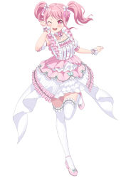 Rule 34 | 1girl, ;d, absurdres, bang dream!, blush, choker, crying, dress, frilled dress, frilled sleeves, frills, full body, hair ornament, hair ribbon, highres, kneehighs, lubarazi, maruyama aya, neck ribbon, one eye closed, open mouth, pink dress, pink eyes, pink footwear, pink hair, ribbon, simple background, smile, socks, solo, twintails, white background, white choker, white dress, white socks, wrist cuffs