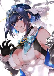 Rule 34 | 1girl, blue eyes, blue hair, bow, bow earrings, breasts, chain, covered erect nipples, earrings, gloves, hair between eyes, hair intakes, highres, hololive, hololive english, jewelry, large breasts, looking at viewer, mamaloni, ouro kronii, ouro kronii (1st costume), parted lips, short hair, simple background, solo, teeth, upper body, virtual youtuber, white background, zipper