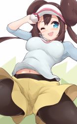 Rule 34 | 1girl, black pantyhose, blue eyes, blush, breasts, brown hair, commentary request, creatures (company), double bun, game freak, hair bun, highres, jampen, long hair, looking at viewer, medium breasts, navel, nintendo, open mouth, pantyhose, poke ball, poke ball (basic), pokemon, pokemon bw2, rosa (pokemon), shorts, simple background, smile, solo, twintails, visor cap, yellow shorts