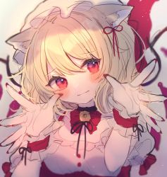 Rule 34 | 1girl, adapted costume, animal ear fluff, animal ears, bell, black choker, black ribbon, blonde hair, blurry, blush, bow, bowtie, cat ears, chikuwa (tikuwaumai ), choker, clenched hands, commentary request, fang, fingernails, flandre scarlet, hair ribbon, hands up, hat, hat ribbon, highres, jingle bell, long fingernails, looking away, mob cap, nail polish, neck ribbon, outstretched hand, red bow, red eyes, red nails, red ribbon, ribbon, sharp fingernails, short hair, sketch, skin fang, solo, touhou, upper body, white hat, wings, wrist cuffs, wrist ribbon
