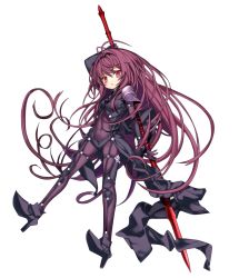 Rule 34 | 1girl, armor, armored boots, bodysuit, boots, covered navel, fate/grand order, fate (series), full body, gae bolg (fate), high heels, holding, holding weapon, long hair, looking at viewer, parted lips, purple bodysuit, purple hair, red eyes, scathach (fate), scathach (fate), shino (eefy), shoulder armor, simple background, solo, very long hair, weapon, aged down