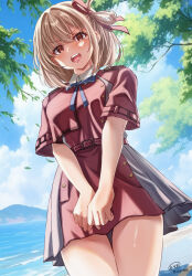 Rule 34 | 1girl, absurdres, belt, blonde hair, blue ribbon, blush, bob cut, breasts, cloud, collared shirt, commentary request, cowboy shot, cumulonimbus cloud, day, falling leaves, grey skirt, hair ribbon, highres, leaf, looking at viewer, lycoris recoil, lycoris uniform, medium breasts, neck ribbon, nishikigi chisato, ocean, one side up, open mouth, outdoors, pleated skirt, red belt, red eyes, red ribbon, red skirt, ribbon, shirt, short hair, short sleeves, sidelocks, signature, skirt, solo, tearing up, teeth, tree, twitter username, upper teeth only, white shirt, yomo
