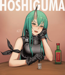 Rule 34 | 1girl, :d, ark john up, arknights, arm ribbon, armor, artist name, bare arms, bare shoulders, black gloves, black ribbon, black shirt, blush, bottle, breastplate, brown background, character name, commentary, cup, drinking glass, gloves, green hair, grey eyes, hair between eyes, hand up, head rest, high collar, horns, hoshiguma (arknights), long hair, looking at viewer, open mouth, ribbon, shirt, single horn, sleeveless, sleeveless shirt, smile, solo, translation request, upper body