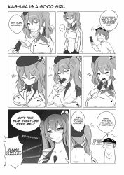 Rule 34 | ..., 10s, 1boy, 1girl, admiral (kancolle), blush, breasts, candy, chocolate, chocolate bar, chocolate on body, chocolate on breasts, cleavage, comic, crying, crying with eyes open, english text, artistic error, false smile, fellatio, food, food on body, greyscale, hat, hetero, highres, kantai collection, kashima (kancolle), large breasts, licking, little boy admiral (kancolle), long hair, military, military uniform, monochrome, naval uniform, oral, sexually suggestive, smile, tears, translated, twintails, uniform, wangphing