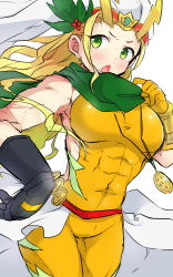 Rule 34 | 1girl, abs, armpits, asymmetric gloves, asymmetrical gloves, bare shoulders, berry, black gloves, blonde hair, blush, bodysuit, breasts, covered navel, genderswap, genderswap (mtf), gloves, green eyes, headdress, highres, jewelry, large breasts, leaf, lightning bolt symbol, long hair, marui shiro, muscular, muscular female, necklace, open mouth, pendant, puzzle &amp; dragons, scarf, solo, thor (p&amp;d), uneven gloves, yellow gloves