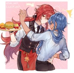 Rule 34 | 2boys, ^^^, absurdres, apron, arrow (symbol), black bow, black pants, black vest, blue eyes, blue hair, blue shirt, blush, border, bow, burger, closed mouth, commentary, dark-skinned male, dark skin, diamond earrings, diluc (genshin impact), earrings, embarrassed, food, fried chicken, genshin impact, hair bow, hand on another&#039;s waist, highres, holding, holding tray, jewelry, kaeya (genshin impact), long sleeves, looking at another, looking down, mashed potatoes, multiple boys, open mouth, pants, pink background, ponytail, red apron, red eyes, red hair, shirt, sidelocks, simple background, striped clothes, striped shirt, surprised, teeth, torisan (rinlen1827), tray, twitter username, upper body, upper teeth only, vest, vision (genshin impact), waist apron, white shirt, wrist cuffs, yaoi