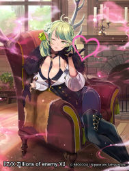 Rule 34 | 1girl, ;), antlers, black bra, black footwear, black gloves, blowing kiss, boots, bra, braid, breasts, candle, chair, choker, cleavage, company name, copyright name, day, fireplace, flower, gloves, green eyes, green hair, hair flower, hair ornament, horns, indoors, official art, one eye closed, pointy ears, rug, short hair, sitting, smile, solo, thigh boots, thighhighs, underwear, watermark, window, wooden floor, yuko (uc yuk), z/x