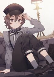 Rule 34 | 1girl, absurdres, black bow, black bowtie, black footwear, black hat, black pants, bow, bowtie, brown eyes, brown hair, couch, grey socks, hat, highres, lamp, looking at viewer, noco (adamas), official art, pants, sara (spy kyoushitsu), second-party source, sitting, smile, socks, solo, spy kyoushitsu, suspenders, white bow, white bowtie