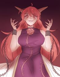 Rule 34 | 1girl, ahoge, bare shoulders, breasts, chain, commentary, cuffs, dark background, dress, evil grin, evil smile, flower, from below, gradient background, grin, highres, horns, ibaraki kasen, long hair, looking at viewer, medium breasts, oni, oni horns, orz (kagewaka), pink eyes, pink hair, rose, shackles, slit pupils, smile, solo, spoilers, tabard, touhou, very long hair, wild and horned hermit