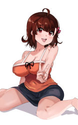 Rule 34 | 1girl, absurdres, ayana (liberty manurung), bare legs, barefoot, black skirt, blush, breasts, brown hair, camisole, cleavage, covered navel, highres, large breasts, liberty manurung, medium hair, open mouth, orange camisole, original, red eyes, simple background, skirt, smile, solo, v, white background