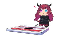 Rule 34 | !, 1girl, absurdres, blue eyes, blush, cassette tape, chibi, hair behind ear, heterochromia, highres, hololive, hololive english, horns, irys (hololive), multiple horns, open mouth, pointy ears, purple eyes, purple hair, purple skirt, skirt, solo, surprised, thighhighs, virtual youtuber, white background, wrapped up, zaniaii