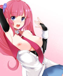 Rule 34 | 1girl, :d, arm behind head, armpits, azur lane, bare shoulders, between breasts, blue eyes, blush, breasts, bridal gauntlets, highres, large breasts, long hair, looking at viewer, necktie, necktie between breasts, nipples, open mouth, pink hair, san diego (azur lane), smile, solo, takara akihito, twintails