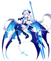 Rule 34 | + +, 1girl, absurdly long hair, absurdres, armored boots, ass, bare shoulders, blue eyes, blue footwear, blue thighhighs, boots, bow, bowtie, breasts, brooch, demon girl, demon horns, demon tail, demon wings, detached sleeves, elsword, hand up, high heel boots, high heels, highres, horns, jewelry, knee boots, leotard, long hair, long sleeves, looking at viewer, low wings, luciela r. sourcream, noblesse (elsword), nyun, open mouth, pointy ears, polearm, sidelocks, simple background, small breasts, smile, solo, spear, symbol-shaped pupils, tail, thighhighs, thighs, very long hair, waist cape, weapon, white background, white hair, white leotard, wide sleeves, wings