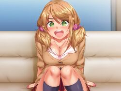 Rule 34 | 1girl, :o, arm behind back, arm support, black socks, blush, breasts, brown hair, cleavage, couch, excited, game cg, green eyes, gyaru, higuchi nao, huge breasts, indoors, jewelry, knees together feet apart, looking at viewer, nail polish, necklace, non-web source, open mouth, saimin counselor, school uniform, shiny skin, sitting, socks, solo, sparkling eyes, teeth, twintails, un tabetarou, upper teeth only