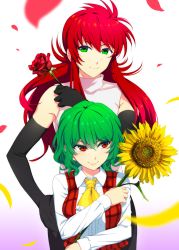 Rule 34 | 1boy, 1girl, ascot, black gloves, black pants, blurry, collared shirt, commentary request, crossover, depth of field, elbow gloves, falling petals, flower, gloves, gradient background, green eyes, green hair, hair between eyes, hand on own hip, highres, holding, holding flower, kazami yuuka, kurama (yu yu hakusho), long hair, long sleeves, looking at viewer, mattari yufi, pants, petals, pink background, plaid, plaid vest, power connection, purple background, red eyes, red flower, red hair, red rose, red vest, rose, shirt, short hair, sidelocks, sleeveless, sleeveless shirt, smile, sunflower, touhou, trait connection, vest, white background, white shirt, yellow ascot, yellow flower, yuu yuu hakusho