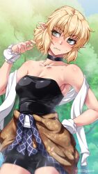 Rule 34 | 1girl, armpits, bike shorts, black shirt, blonde hair, blush, breasts, cameltoe, cleavage, clothes around waist, day, forest, green eyes, green nails, hand on own hip, highres, jacket, jacket around waist, medium hair, mizuhashi parsee, nature, ootsuki wataru, outdoors, pointy ears, scarf, shirt, small breasts, solo, strapless, touhou, tube top, undershirt, white scarf