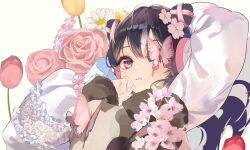 Rule 34 | 1girl, black hair, butterfly on face, butterfly over eye, cherry blossoms, daisy, double bun, flower, frilled sleeves, frills, hair between eyes, hair bun, hair flower, hair ornament, headphones, highres, looking at viewer, multicolored hair, original, pink eyes, pink flower, pink hair, pink headphones, pink rose, puffy sleeves, rose, solo, tetra mmm, white background, white flower, white hair