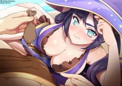 Rule 34 | 1boy, 1girl, adapted costume, aether (genshin impact), alternate costume, arm support, asymmetrical bangs, beach, beach towel, black hair, blue eyes, blue one-piece swimsuit, blue sky, blush, breasts, bulge, cleavage, closed mouth, cloud, cloudy sky, commentary, covered navel, cowboy shot, day, english commentary, eyelashes, frilled swimsuit, frills, frown, furrowed brow, genshin impact, hat, heart, heart-shaped pupils, large breasts, long hair, looking at viewer, lying, mona (genshin impact), moneybag, neocoill, on side, one-piece swimsuit, outdoors, patreon username, pointing, pov, purple headwear, sky, solo focus, star (symbol), star print, swimsuit, symbol-shaped pupils, thighs, towel, twintails, watermark, web address, witch hat