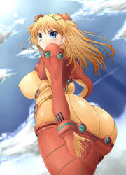 Rule 34 | 1girl, ass, bad id, bad pixiv id, blonde hair, blue eyes, blue sky, blush, bodysuit, breasts, butt crack, cloud, day, hair ornament, huge ass, kurokaze no sora, large breasts, long hair, looking at viewer, looking back, multicolored clothes, neon genesis evangelion, plugsuit, rebuild of evangelion, see-through, sky, solo, souryuu asuka langley, test plugsuit