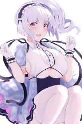 Rule 34 | 1girl, azur lane, blue dress, blush, breasts, center frills, clothing cutout, dido (azur lane), dido (muse) (azur lane), dress, framed breasts, frilled headband, frills, gloves, headphones, highres, idol, idol clothes, itete, large breasts, long hair, looking at viewer, open mouth, plaid, plaid skirt, puffy short sleeves, puffy sleeves, purple eyes, short sleeves, side ponytail, skirt, smile, thighhighs, underboob, underboob cutout, white hair, white thighhighs