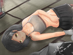 Rule 34 | 1girl, black hair, blush, breasts, brown eyes, closed mouth, dated, electric fan, gloves, grey shirt, hair ornament, hairclip, highres, indoors, jewelry, kantai collection, kuroshio (kancolle), kuroshio kai ni (kancolle), looking at viewer, lying, medium breasts, navel, on back, on floor, pleated skirt, ring, school uniform, shirt, short hair, skirt, smile, solo, sports bra, stomach, wedding band, white gloves, yume (mi yu601)
